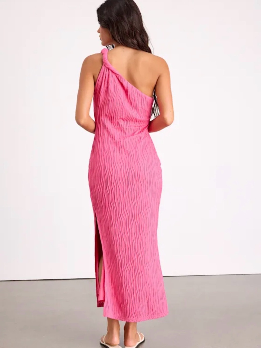 Lulus Aristea Fuchsia Textured One-shoulder Midi Dress Pink - Size XS - Picture 3 of 3